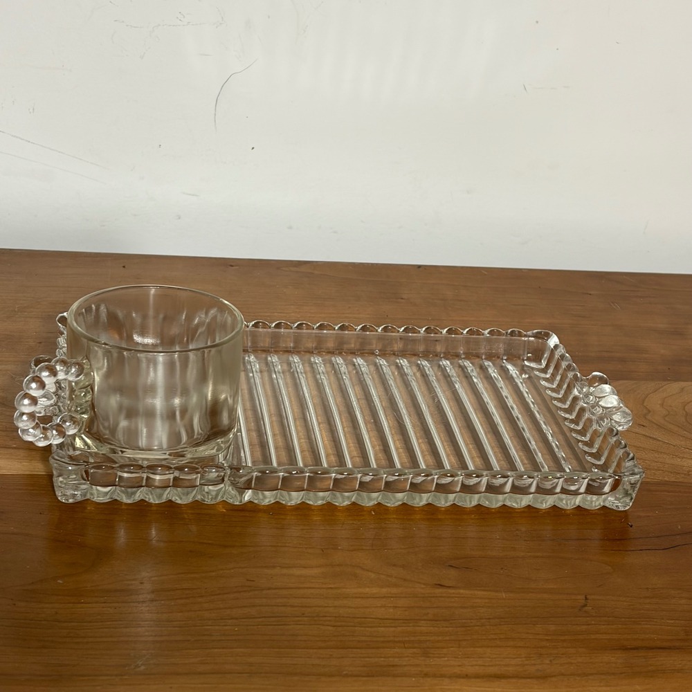 Hazel Atlas Vintage 1950s Clear Glass Snack Tray Cup & Ashtray Set Ribbed Beaded